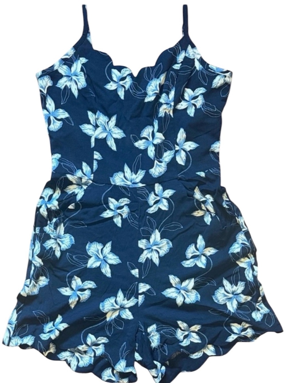 Hawthorne Navy Floral Scalloped Romper with Light Blue Flowers Large NWT